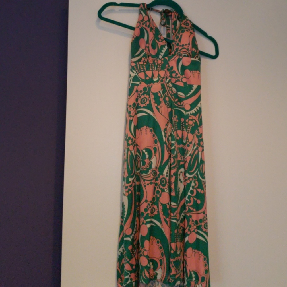 Halter dress abstract pattern S Single green &, pi